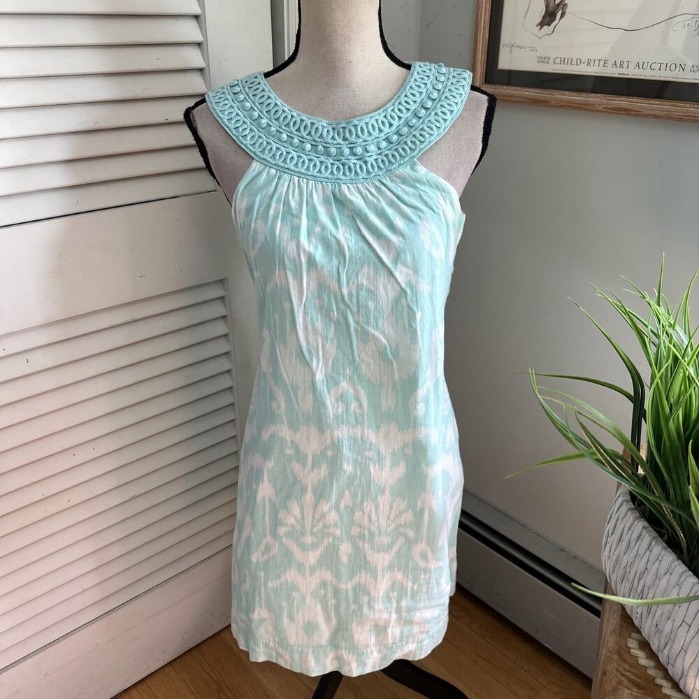 Vineyard Vines Dress Womens 4 Blue Mini Shift Dainty Crochet Neck Coastal Preppy